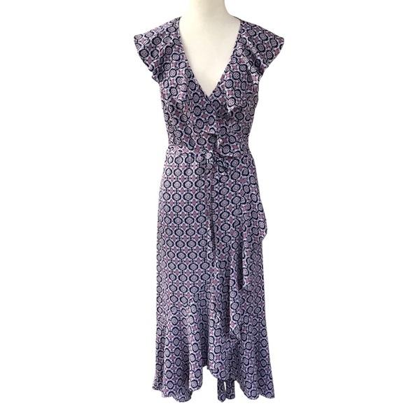 Max Studio Sleeveless Ruffle Wrap Geometric Midi Dress Size Medium NEW - Picture 1 of 11